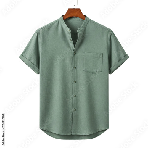 Elegant linen shirt showcasing a mandarin collar and pocket on an isolated backdrop creating a