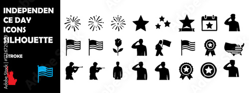 Independence Day Icons Silhouette Vector Set – Fireworks, Flags, National Pride and Celebration Symbols