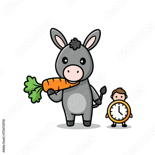 Donkey holding carrot with clock