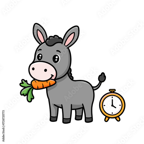 Cute donkey with carrot and clock