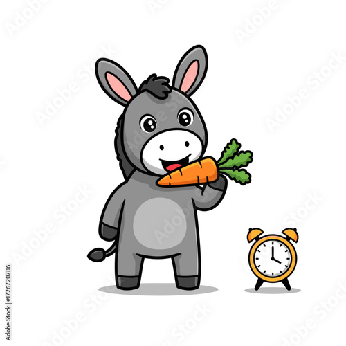 Cute donkey eating carrot with clock