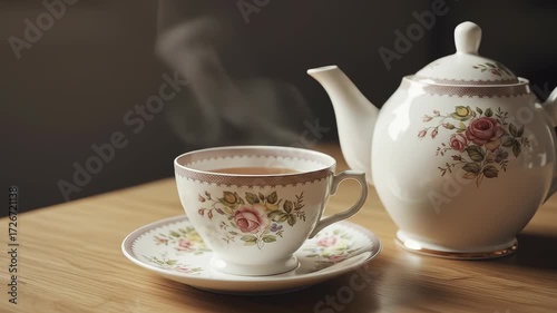Elegant Tea Time: A Cup of Tea with Teapot in a Gentle Light Scene