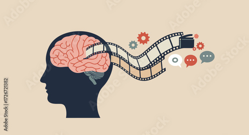 A conceptual flat design illustration depicting a stylized brain with film strips flowing from it, representing creativity, imagination, and the art of storytelling in cinema. 