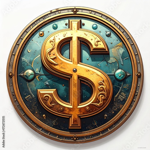 Ornate gold dollar sign on a teal circular medallion
