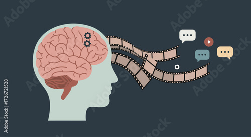 A conceptual flat design illustration depicting a stylized brain with film strips flowing from it, representing creativity, imagination, and the art of storytelling in cinema. 