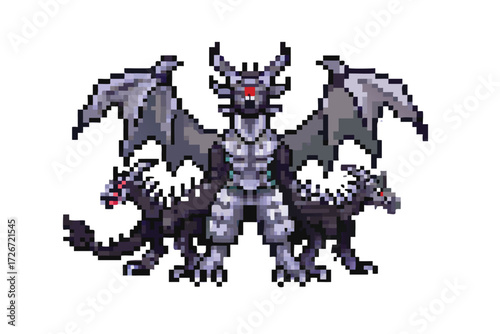 Tiamat Dragon Pixel Art Boss Sprite. Five-Headed Chaos Goddess for Epic RPGs