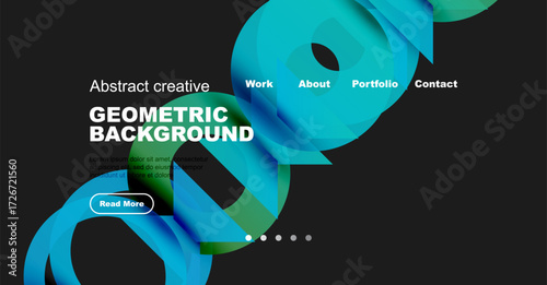 Modern website header design. Vibrant blue, green layers overlap dark background. Text promotes geometric concepts, includes navigation options.
