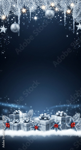 Festive dark blue background adorned with sparkling Christmas ornaments, icy branches, and elegantly wrapped holiday gifts, creating a magical winter atmosphere for seasonal celebrations