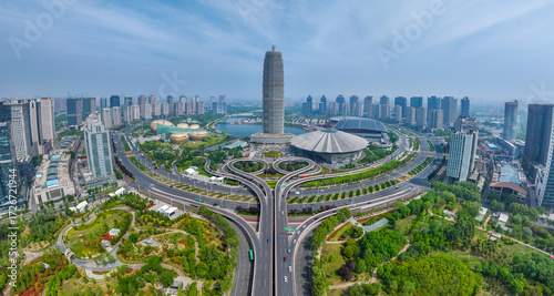 Aerial photography of Qianxi Square in the Green Space Center of Zhengzhou International Convention and Exhibition Center