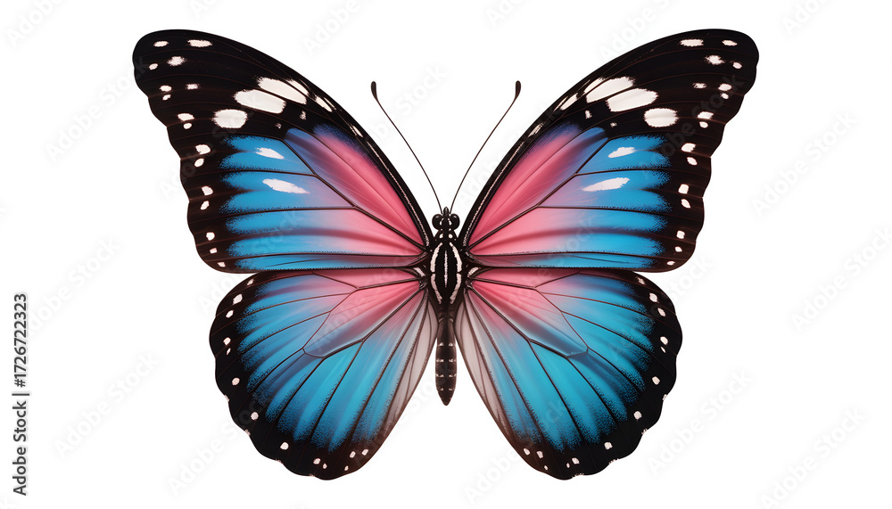 Obraz premium Vibrant blue and pink butterfly with open wings on white background 