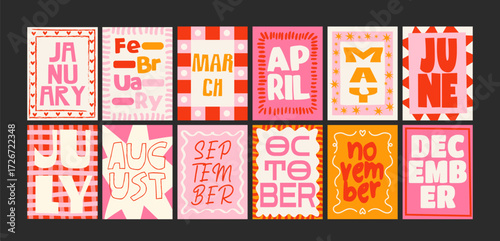 Monthly posters in retro cartoon design. Bright graphics with twelve months and seasonal elements like sun, flower, strawberry. Perfect wall prints for calendars, diaries and seasonal decorations