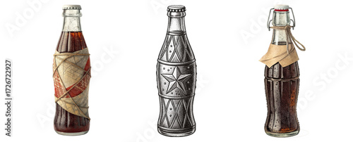 Discover vintage soda bottles with unique artistic textures, perfect for retro branding and classic beverage advertising.