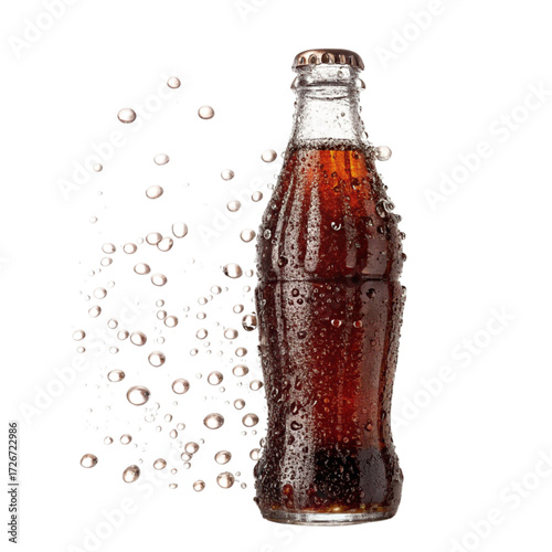 Refreshing cola bottle with condensation and effervescent bubbles, perfect for summer drinks and advertising campaigns