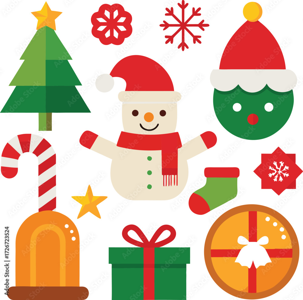 Fototapeta premium Vector art of assortment of flat design christmas icons with a snowman, christmas tree, gift box, candy cane, bauble, and stocking