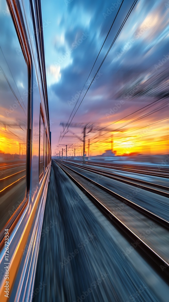Obraz premium Speeding Train View Sunset Reflection on Carriages and Blurred Tracks