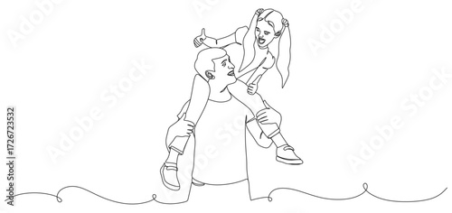 continuous line of a father carrying his daughter happily
