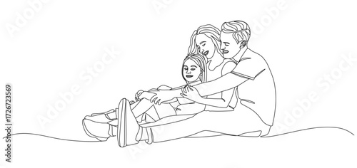 Minimalist continuous line drawing of a happy family sitting together. A father, mother, and child are embracing each other while smiling, symbolizing love, bonding, warmth, and togetherness