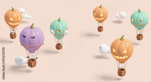 Whimsical Halloween Hot Air Balloons Floating in a Pastel Sky, Perfect for Festive Imagery