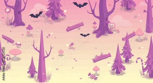 Whimsical pink and purple fantasy forest with playful bats, candy mushrooms, and enchanting trees in a dreamy, magical landscape