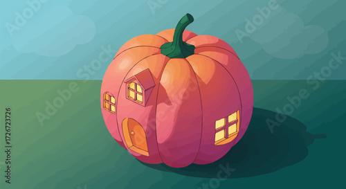 Illustrated magical fairy house built inside a giant orange pumpkin with glowing windows, a whimsical and cozy home for a fairytale creature