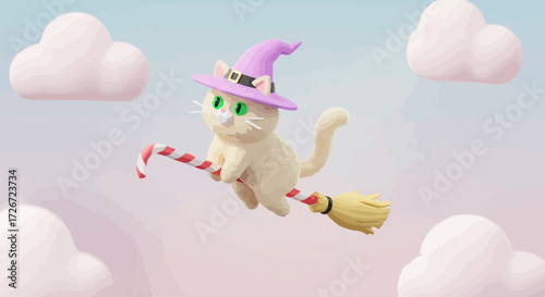 A whimsical cream-colored cat wearing a pink witch hat soars through the sky on a candy cane broomstick, surrounded by soft, fluffy clouds