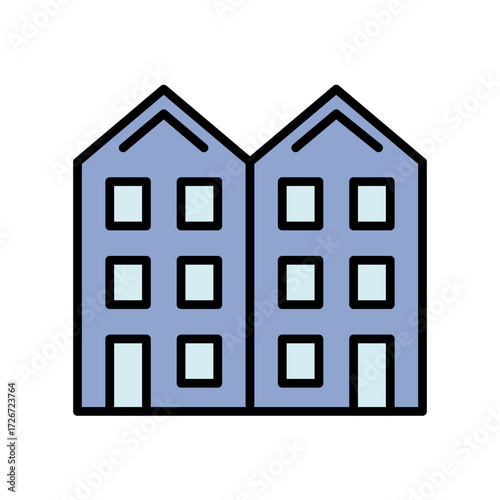 Vector illustration of a flat style apartment building with two connected units and multiple windows. Ideal for real estate projects, housing infographics, city maps, and property development visuals