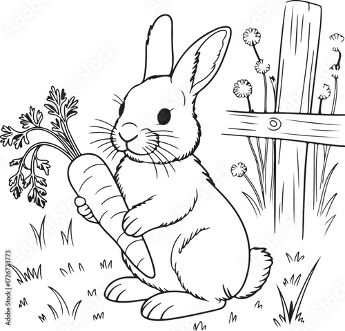 An adorable rabbit clutches a fresh carrot, inviting children to an engaging coloring page adventure perfect for springtime fun and creative expression.