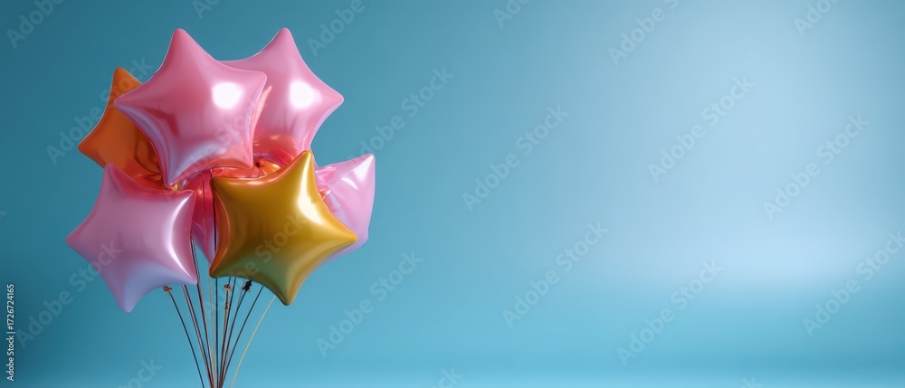 Fototapeta premium A cluster of colorful star-shaped balloons in pink and gold against a soft blue background, conveying a festive and cheerful atmosphere.