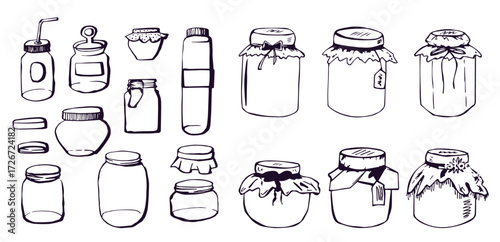 Vector set of hand drawn empty jars and bottles vintage