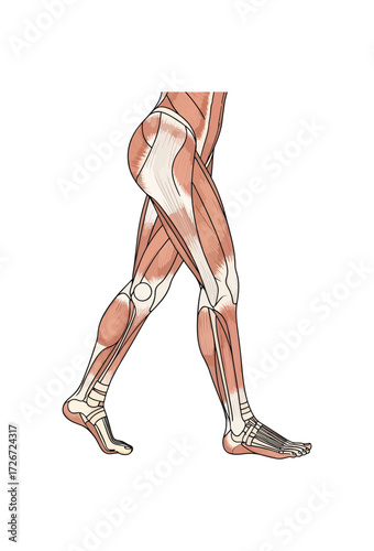 Dynamic illustration of human leg muscles in motion, showcasing anatomical detail and the power of movement for health and fitness.