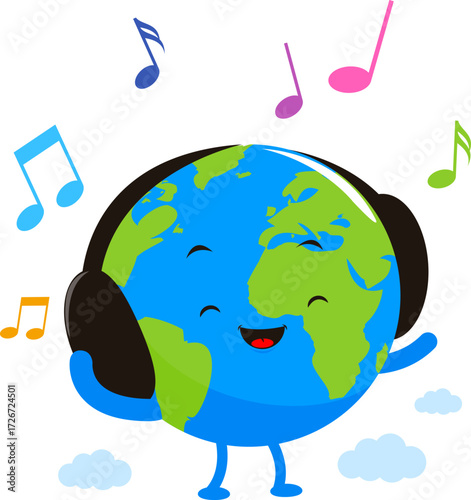 Happy cute planet Earth cartoon with listening to music. International music day. World map with headphones and musical notes. Vector Illustration