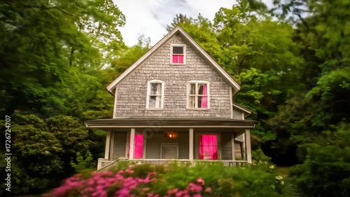 Wallpaper Mural Rustic Two Story House Surrounded by Lush Green Foliage with Pink Shutters on a Sunny Day Displaying Traditional Rural Architecture Style Torontodigital.ca