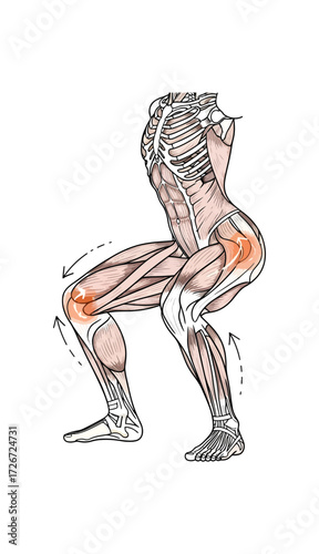 Detailed anatomical illustration of human leg muscles in motion during a squat exercise highlighting joint and muscle engagement for fitness and health education