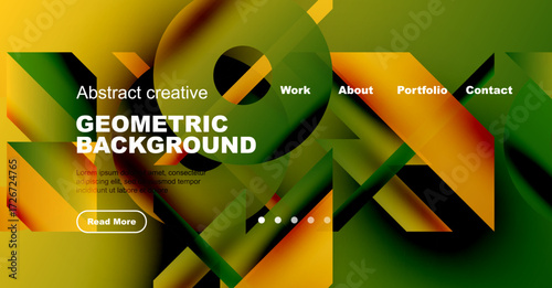 Abstract geometric background features vibrant colors, shapes. Navigation menu includes work, about, portfolio, contact options. Text promotes further exploration.