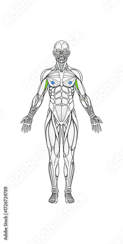 Detailed anatomical illustration of human musculature, showcasing torso and limb muscles with vibrant highlights on pectoral and deltoid regions for clear identification and educational purposes.