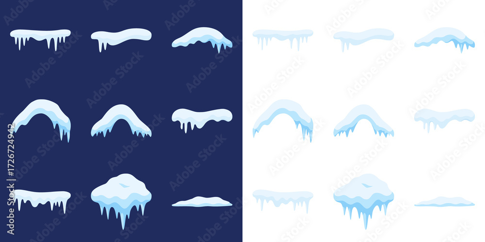 Obraz premium Cold new year, christmas. Winter season background. Snow caps, snowy ice and frozen icicles, vector cartoon icons, isolated on transparent background. Winter Icicles and Snow Caps Illustration Vector.
