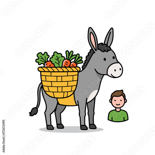 Donkey carrying basket of vegetables with boy