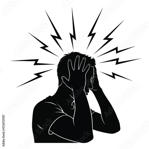 Silhouette of a man clutching his head amidst radiating energy bursts