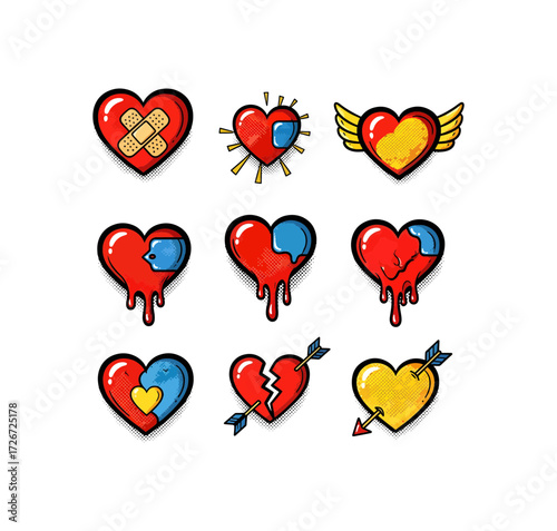 Whimsical heart icons with pop art textures to express love, heartache, healing, and connection in digital designs or social media content with flair