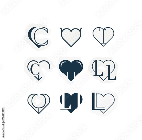 Elegant heart monogram collection with initials for modern brand identity, perfect for logo design, wedding invitations, and personalized gifts with a romantic touch