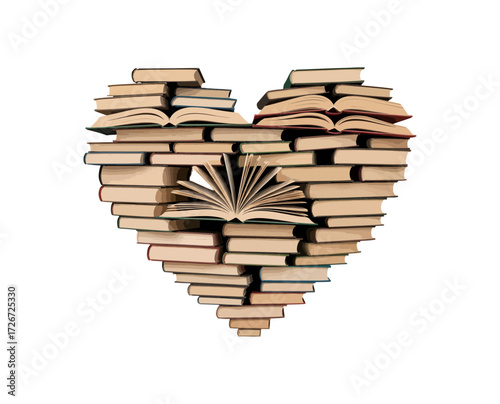 A towering heart of knowledge formed by stacked books, a symbol of learning, wisdom, and the enduring power of literature and education, a love of reading