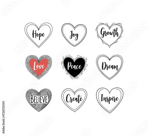 Spread positivity with these heart icons featuring hope, joy, growth, love, peace, dream, believe, create, and inspire - perfect for social media and design!