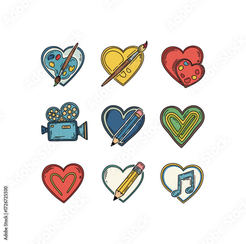 Showcase your creative passion with these adorable artistic heart icons perfect for expressing love for art, music, film, and writing in your projects