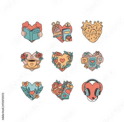 Charming heart icons celebrating life's simple pleasures like reading, coffee, music, and sweet treats, perfect for creative projects and personal expression.
