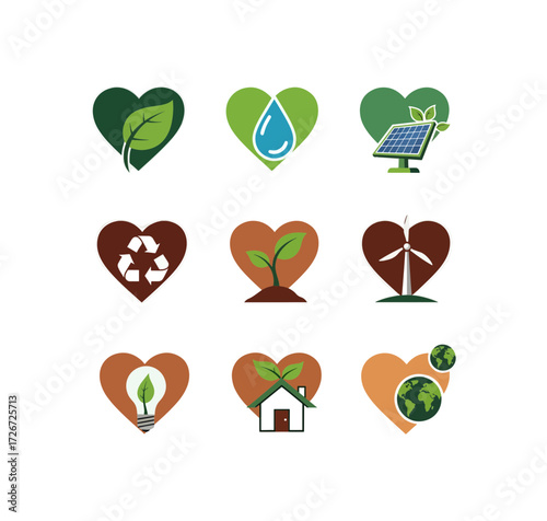 Sustainable eco-friendly heart icons for nature conservation, renewable energy, and environmental protection concepts, perfect for green initiatives and ecological awareness campaigns.