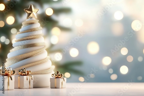 Elegant holiday scene with golden decor and christmas tree against soft bokeh lights