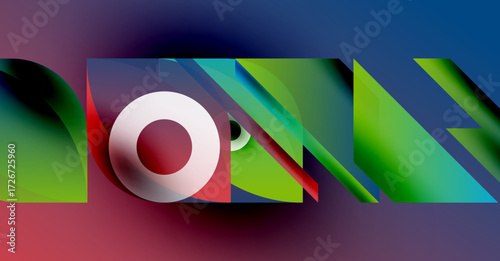Abstract colorful design features letterforms, gradients, shapes. Dynamic composition evokes movement, visual interest. Modern aesthetic.