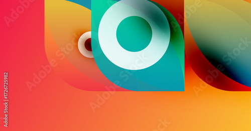 Abstract colorful design. Overlapping circles create dynamic visual effect. Gradient hues blend smoothly, evoking modern aesthetic.