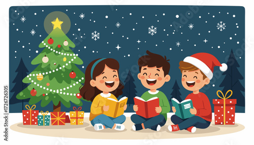 Children reading books and laughing by Christmas tree in winter night  