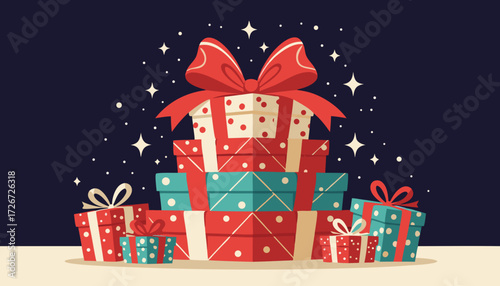 Colorful wrapped gift boxes with ribbons and stars on dark background  
